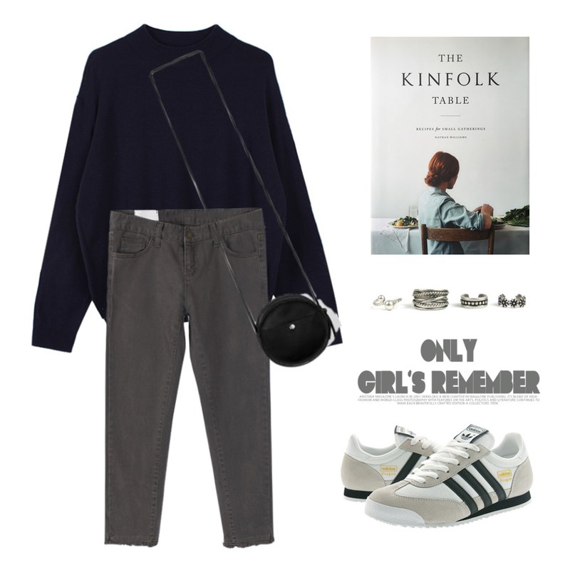 biznshoe Half neck loose knit (5color),Player 아디다스 드래곤 흰검 (ADIDAS DRAGON WH BK MGD),biznshoe Cutting pants (2color)등을 매치한 코디