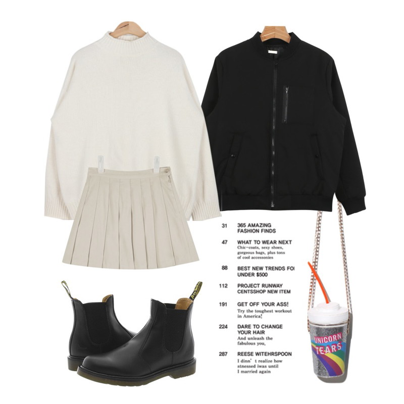 Reine Drink Cross Bag,AIN magaret quality half-neck knit (3 colors),daily monday Mark flight jumper등을 매치한 코디