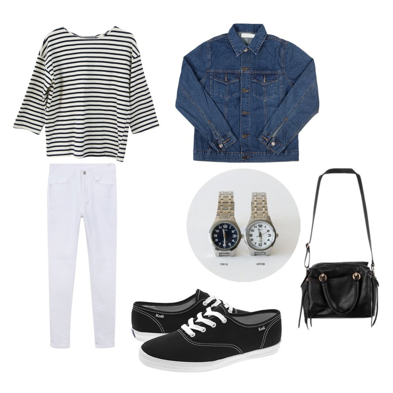 Salon de byme 본본 스트라이프 ( 다섯컬러!  두께감있는 가을 추천 아이템 ),daily monday Black white skinny,WEAR YOU late denim jacket등을 매치한 코디