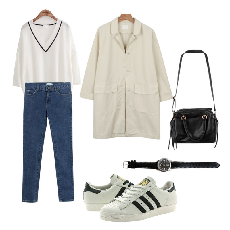 daily monday Washing cotton single jacket,common unique [TOP] V SEE-THROUGH KNIT,WEAR YOU denim skinny jean등을 매치한 코디