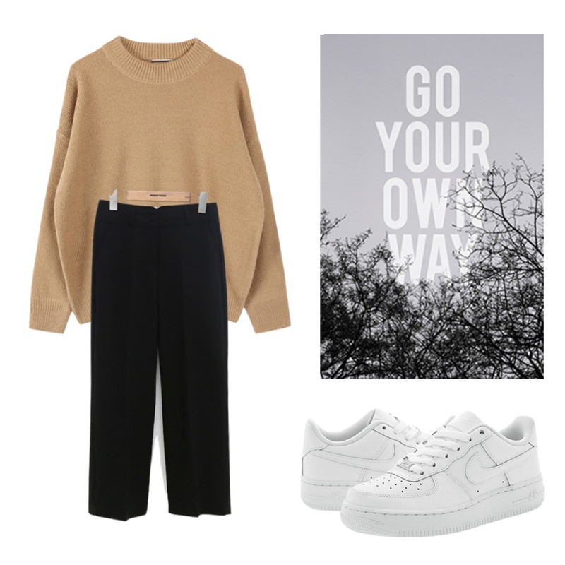 Player 나이키 에어 포스 1 로우 올백 08 GS (AIR FORCE 1 GS WH/WH),common unique [BOTTOM] ANGLE STRAIGHT PANTS,biznshoe Basic color knit (3color)등을 매치한 코디