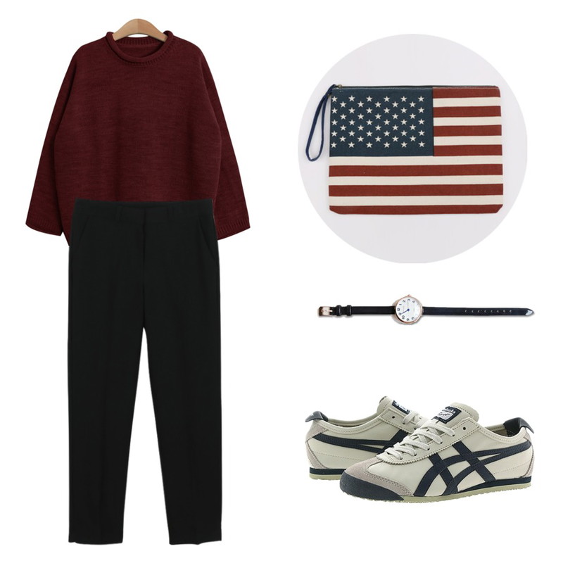daily monday Vintage clutch,TODAY ME [knit]페이걸 니트,daily monday Slim round slacks등을 매치한 코디