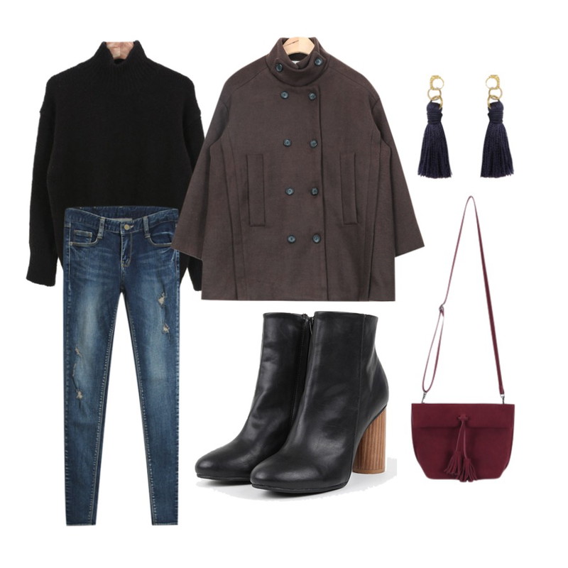 TODAY ME [skinny]포시즌 스키니진,Zemma World 르플랑 (knit),AIN lady half double coat (3 colors)등을 매치한 코디