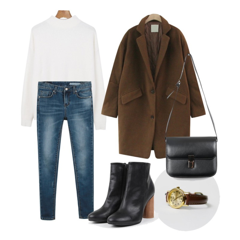 daily monday Brown Leather Watch,daily monday High neck angora knit[앙고라니트,폴라니트,하이넥니트],TODAY ME [coat]허쉬 코트등을 매치한 코디