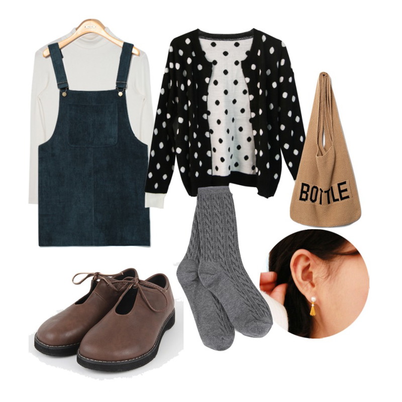 AIN high-neck soft sleeve T (5 colors),daily monday Silver pearl tassel earring(silver 925),Reine Zizi Corduroy Overall Onepiece등을 매치한 코디