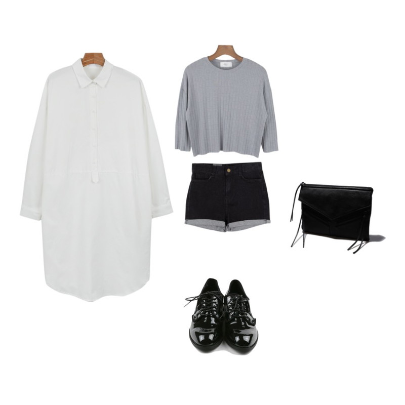 daily monday Daily crop golgi tee[자체제작,크롭티,골지티,크롭골지티,베이직골지티],common unique [BOTTOM] BLACK ROLL UP SHORTS,daily monday Stripe collar shirt one-piece등을 매치한 코디
