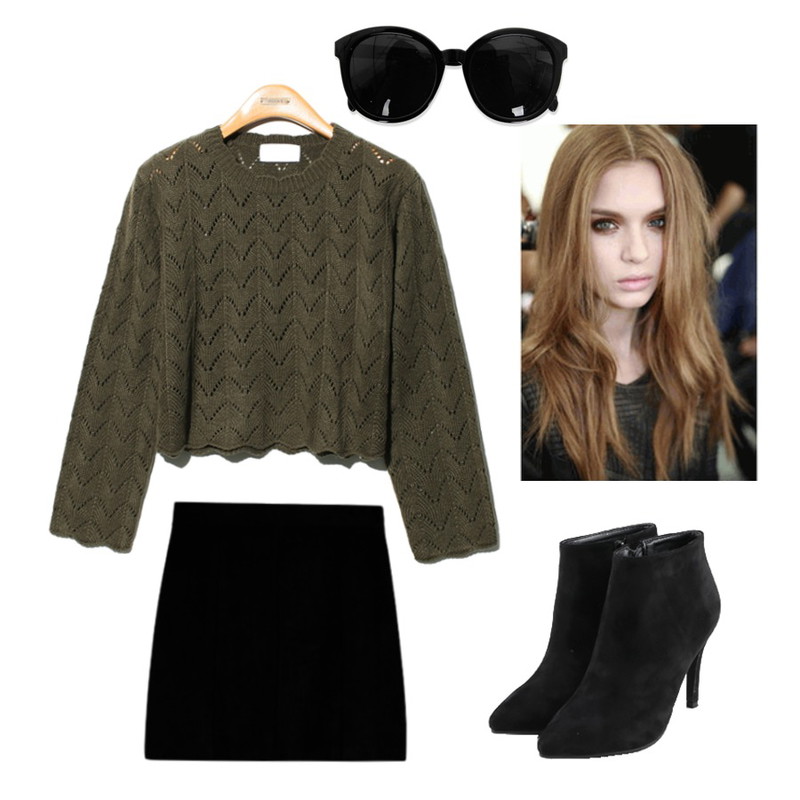 Untitled,Reine Arrow Knit Crop Tee,MIXXMIX 실비아 스웨이드 스커트등을 매치한 코디