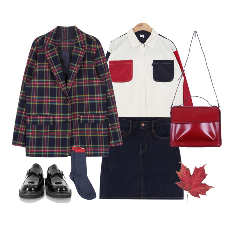 MIXXMIX HIDE AND SEEKTartan check jacket,MIXXMIX 447 데님 스커트,AIN tomboy pocket point color shirt등을 매치한 코디