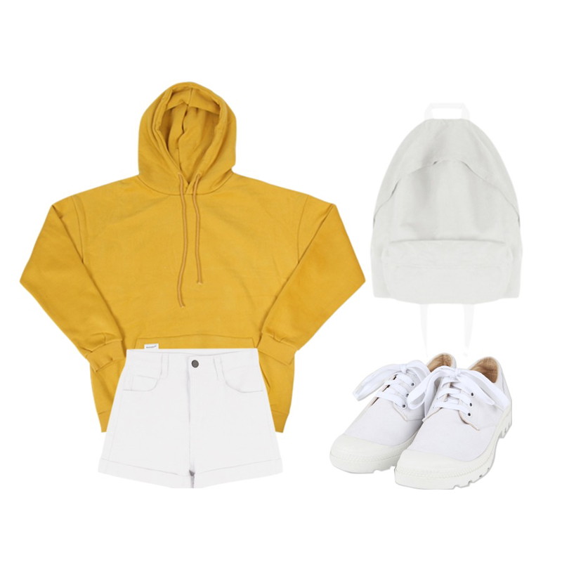 MIXXMIX 846 데이 컬러 숏츠,AIN chunky bottom white sneakers ,WEAR YOU basic napping hood등을 매치한 코디