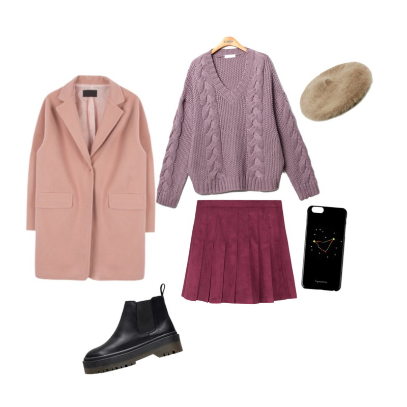 Reine Marchell Twist V-Neck Knit,MIXXMIX 라니 소프트 코트,MIXXMIX 마일드 테니스 스커트등을 매치한 코디