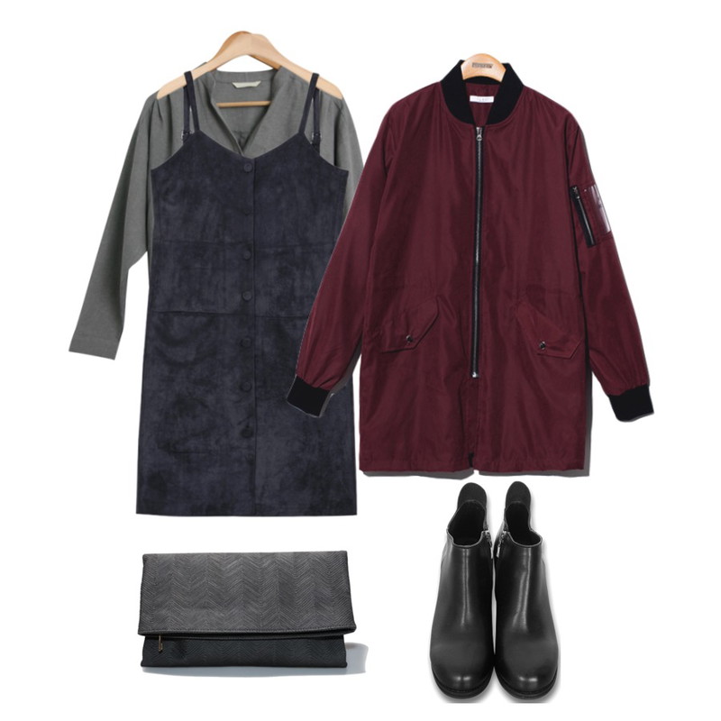 Salon de byme 프렌치 반오프 셔츠 ( 아이 , 그레이 , 핑크 ),Reine Evolution Long Wind Jumper ,AIN suede H-line button ops (3 colors)등을 매치한 코디