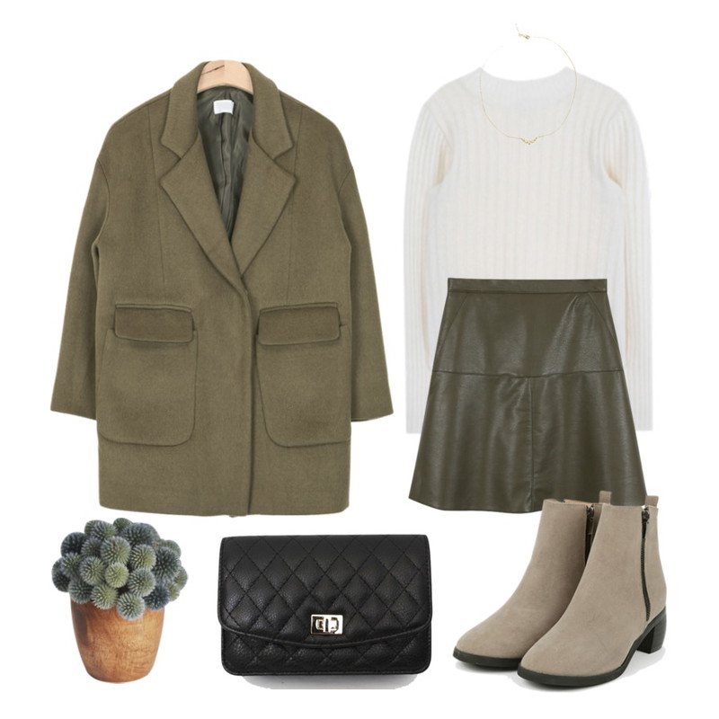 daily monday Back zipper leather skirt,MIXXMIX 미스티 반폴라 니트,AIN snap drop shoulder wool coat (3 colors)등을 매치한 코디