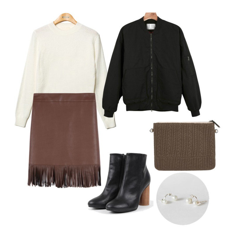 MIXXMIX 프린지 레더 스커트,Reine I do Unbalance Round Knit Tee,daily monday Boyfit flight jumper등을 매치한 코디