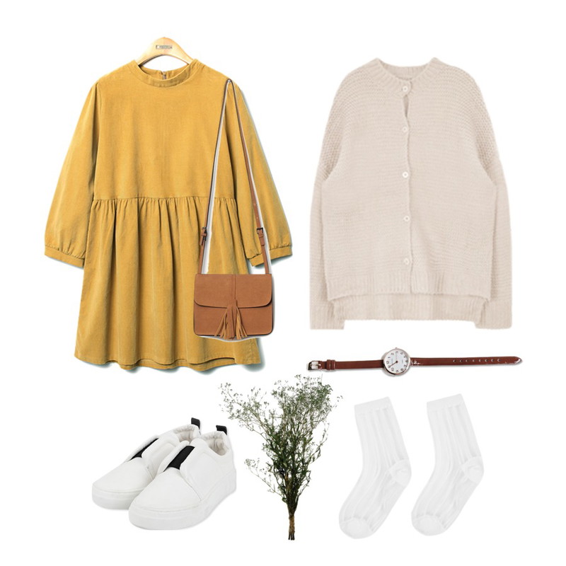 MIXXMIX 디모느 데일리 니트 가디건,Reine Mabread Corduroy Onepiece,AIN black line point slip-on (2 colors)등을 매치한 코디