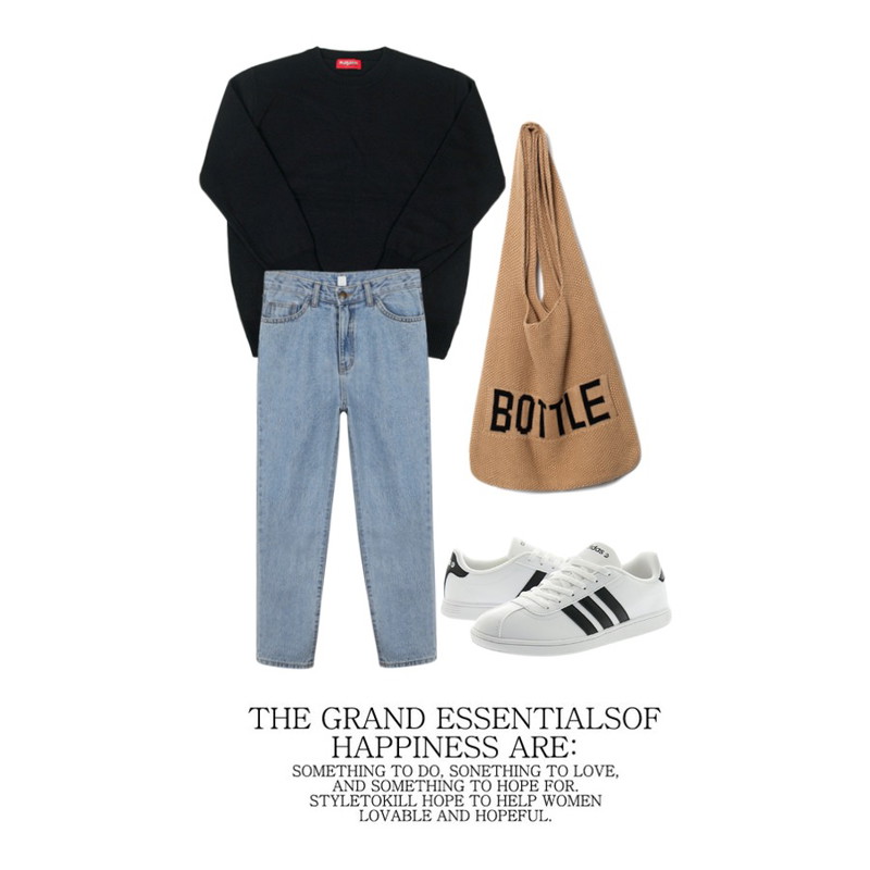 daily monday Cozy baggy denim pants,Player 아디다스 VL 네오 코트 15 흰검 (VLNEO COURT 15 WHT/BLK/WHT),WEAR YOU rainbow knit등을 매치한 코디