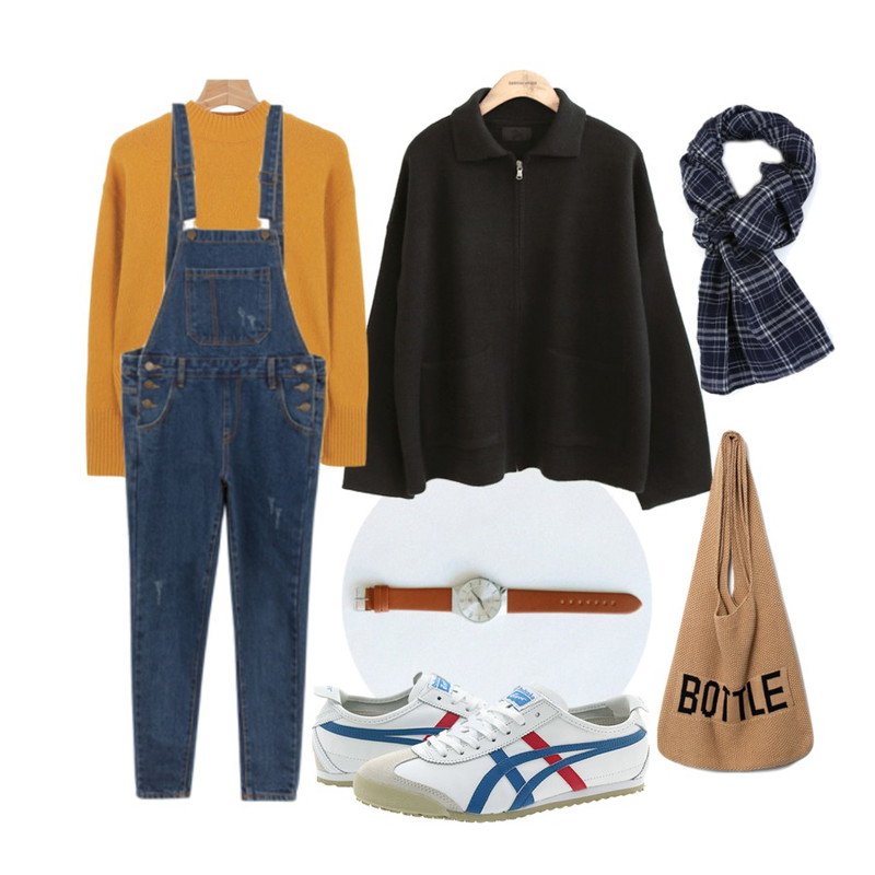 daily monday Simple big frame watch,common unique [OUTER] CARA ZIP-UP CARDIGAN,daily monday Puff sleeve angora knit등을 매치한 코디