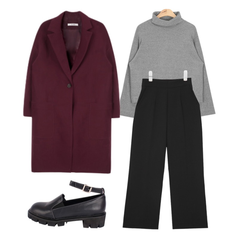 AIN light sleeve soft turtle-neck T (3 colors),AIN clear straight line slacks (4 colors),MIXXMIX 티스 원버튼 코트등을 매치한 코디