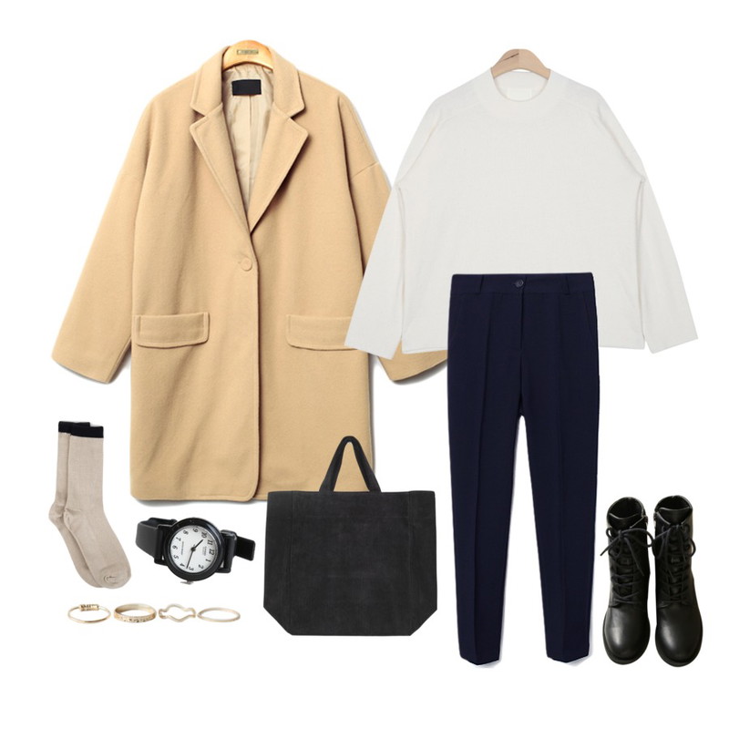 Reine Standard Simple Slacks ,Reine Born Simple Wool Coat,AIN wool point color knit (6 colors)등을 매치한 코디