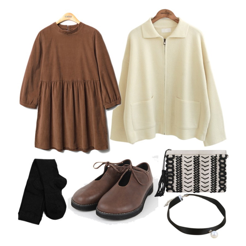 common unique [OUTER] CARA ZIP-UP CARDIGAN,daily monday Basic cotton stockings,Reine Mabread Corduroy Onepiece등을 매치한 코디