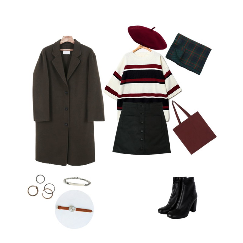 Reine Stam Stripe Long Knit,Salon de byme (U) A 버튼 스커트 ( 블랙 , 오렌지 , 베이지 ),Zemma World 딸기슈-코트(handmade,울90%)등을 매치한 코디