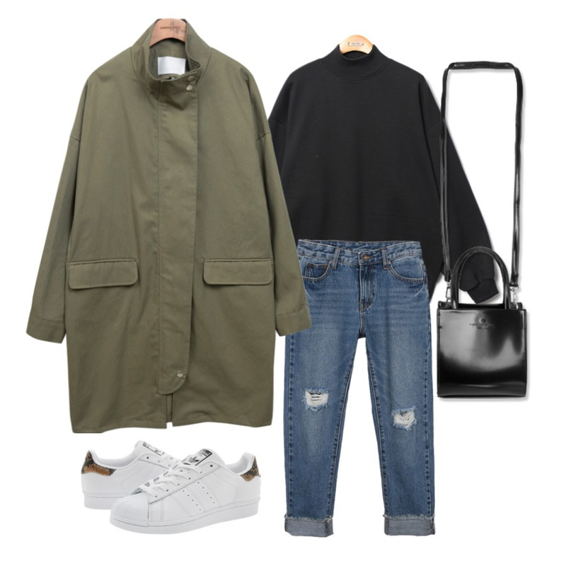 daily monday Vintage straight denim,common unique [OUTER] SNAP COTTON YASANG,Reine Turtle-Neck Over Sweat Shirts등을 매치한 코디