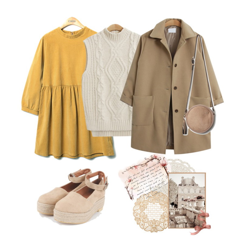 3,Reine Mabread Corduroy Onepiece,TODAY ME [knit]더반 니트 조끼등을 매치한 코디
