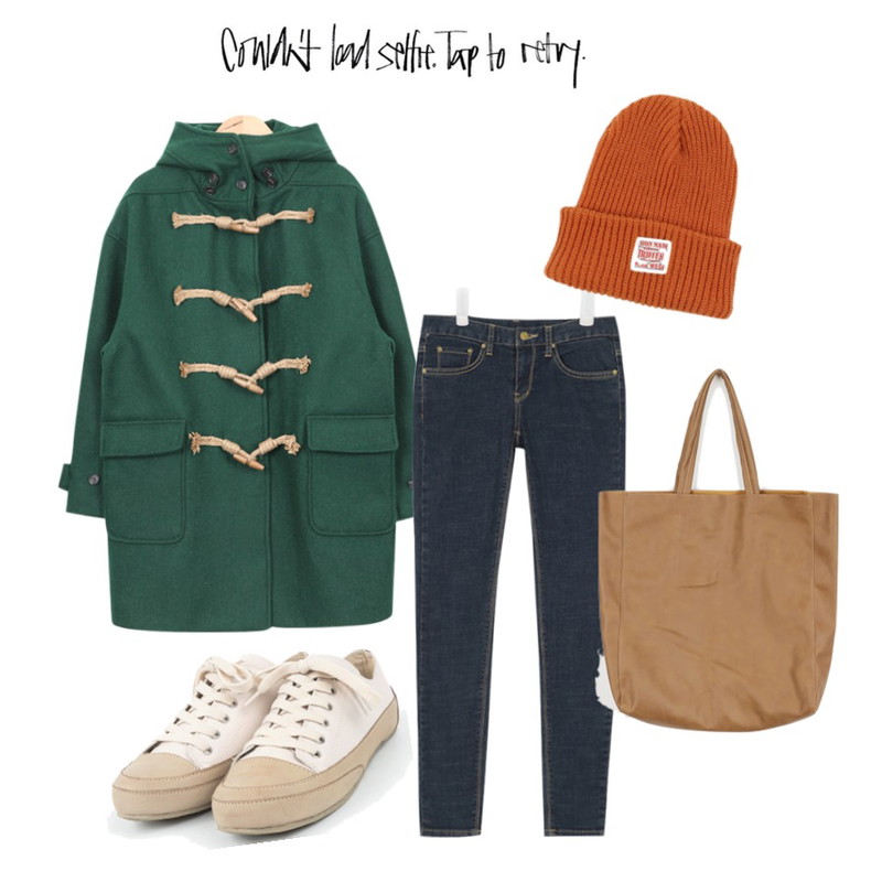 AIN deep-blue basic washing skinny,AIN boxy line casual duffle coat,daily monday Label color beanie등을 매치한 코디
