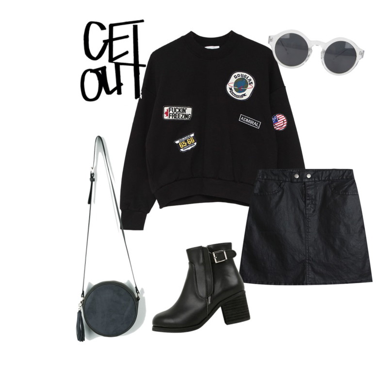 AIN round frame sunglass (3 colors),MIND ME 패치 포인트 mtm (2color),TODAY ME [skirt]타미 레더 스커트등을 매치한 코디