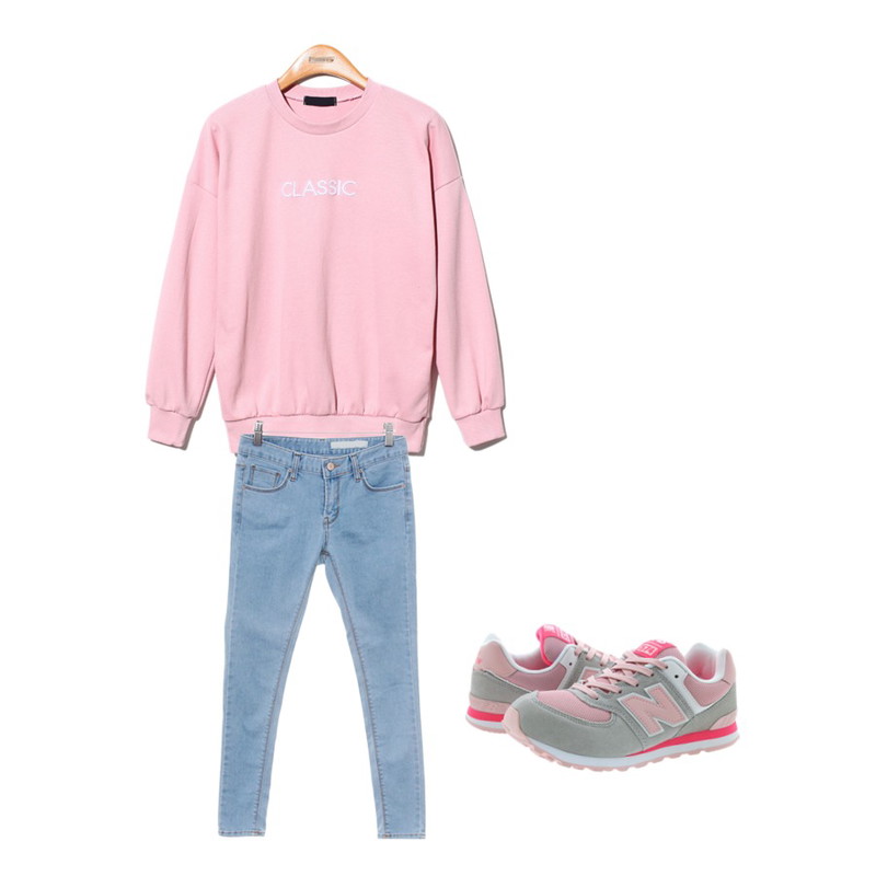 Zemma World 치즈-스키니,Player 뉴발란스 KL574SCG 그레이/핑크 (NEW BALANCE KL 574 SCG),Reine Classic Comfortable Sweat Shirts등을 매치한 코디