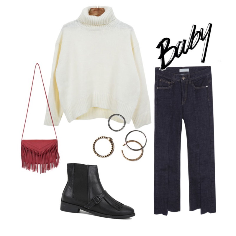 MIXXMIX 4150 데님 팬츠,AIN front strap tassel boots,Zemma World 선인장 (knit)등을 매치한 코디