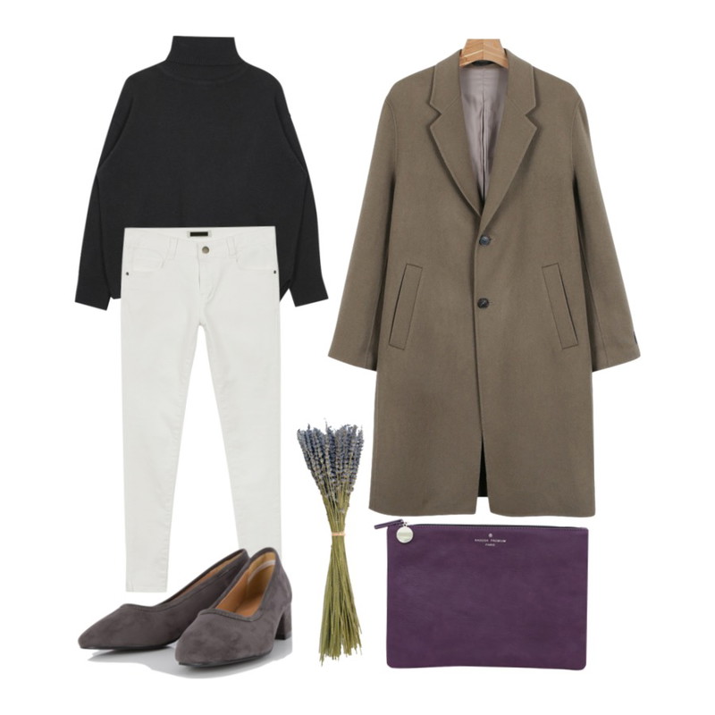 daily monday Autumn color slim skinny,daily monday Loose handmade coat,AIN royal slit turtle-neck knit (4 colors)등을 매치한 코디