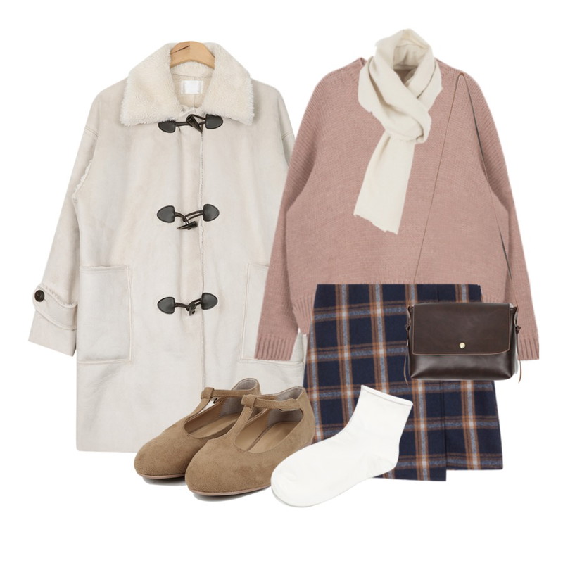 MIXXMIX 바스 체크 버튼 스커트,AIN suede winter duffle mustang (5 colors),MIXXMIX 리유 데일리 니트등을 매치한 코디