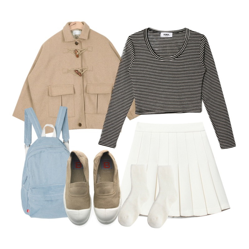 Reine Danis Easy Tenis Skirt ,AIN big pocket duffle half coat (2 colors)입고지연,DORA DORA+U 단가라크롭T등을 매치한 코디