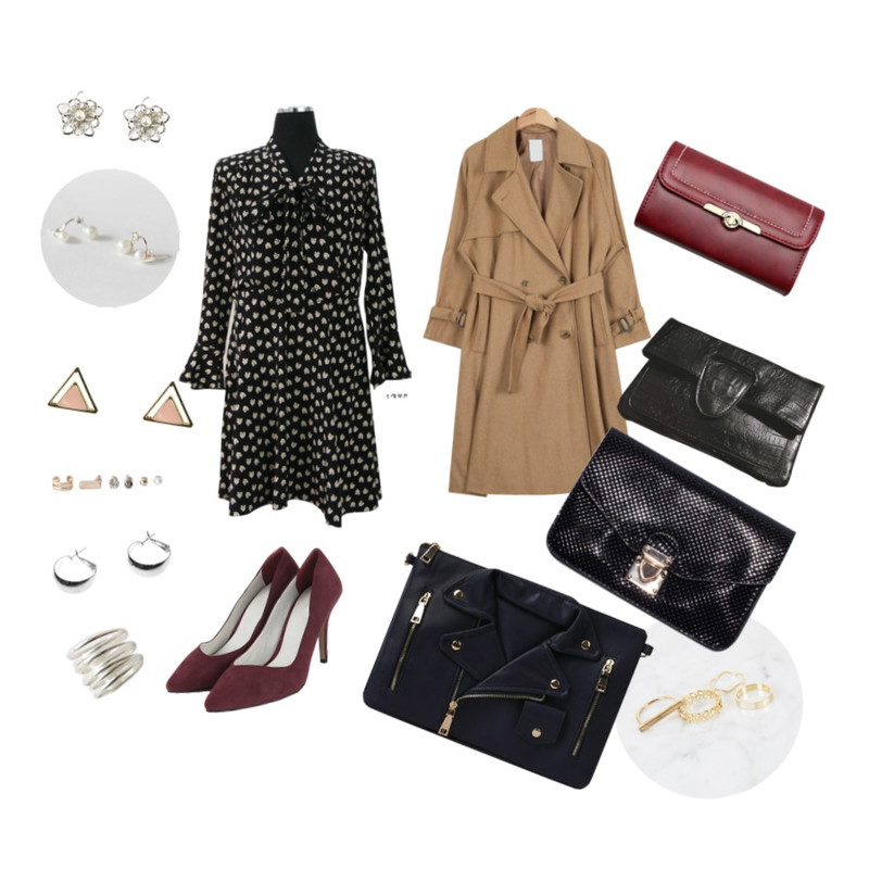 AIN suede stiletto heel (3 colors),Salon de byme 웬디 플로럴 드레스 ( 블랙 ),AIN sleeve buckle loose line trench coat (4 colors) "weekly 20% item"등을 매치한 코디