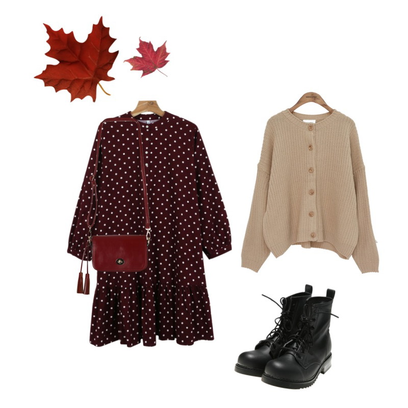 common unique [OUTER] SWEET VOLUM CARDIGAN,daily monday Warm dot point one-piece,DORA 데이마틴워커등을 매치한 코디