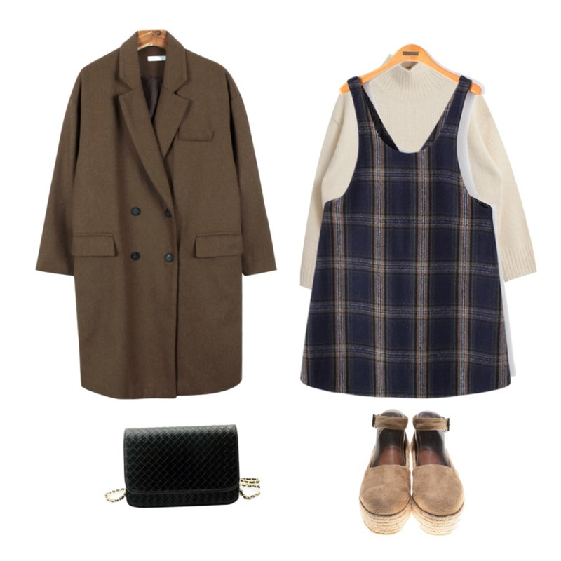 TODAY ME [knit]어더비 니트,Reine 마르엔 체크 울 원피스,daily monday Deep color double coat등을 매치한 코디