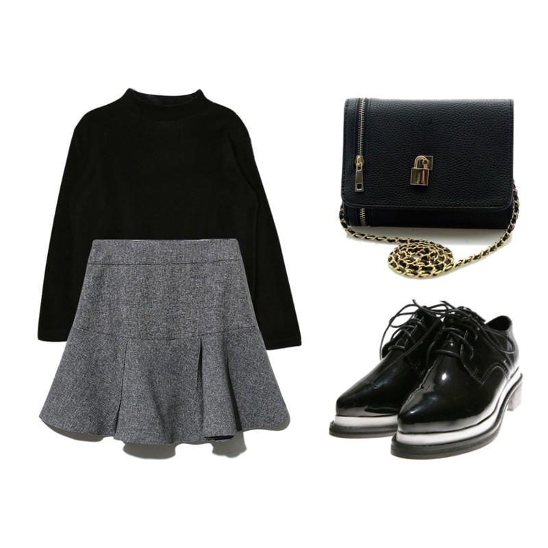 Reine Hunky Flare Skirt ,DORA 골드포인트 사각BAG,DORA 기획특가 후리스반폴T등을 매치한 코디