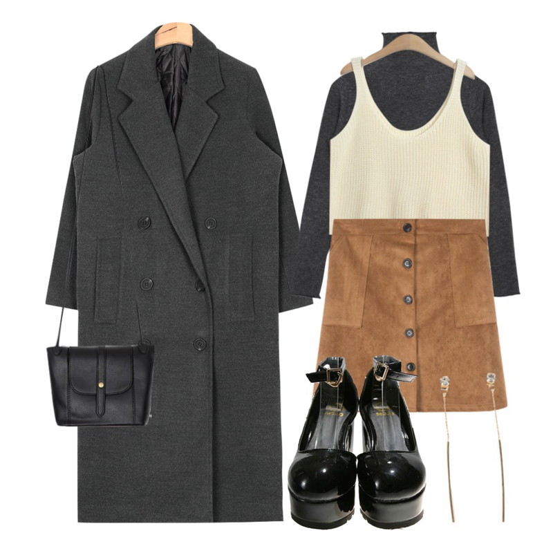 TODAY ME [knit]로아 니트 조끼,AIN straight collar long coat (4 colors),AIN mono activity simple T (6 colors)등을 매치한 코디