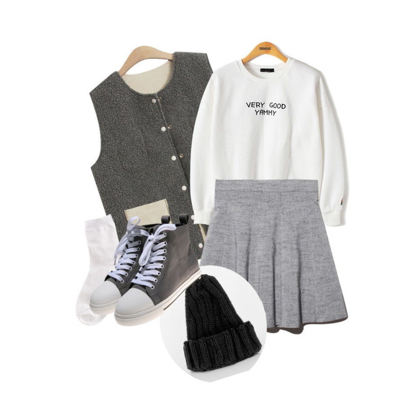 Reine Flora Flare Romance Skirt,TODAY ME [vest]스펜 양면 조끼,Reine 야미 코튼 스웨트 셔츠등을 매치한 코디