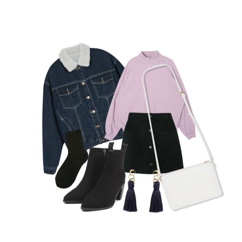 daily monday Corduroy button skirt,DORA 포포반폴라니트,DORA 윈터데님JK등을 매치한 코디