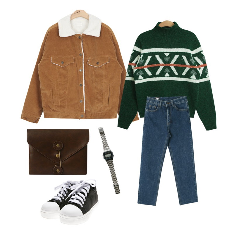 DORA 더블데님P,TODAY ME [knit]앤드룬 니트,AIN winter corduroy casual jacket (3 colors)등을 매치한 코디