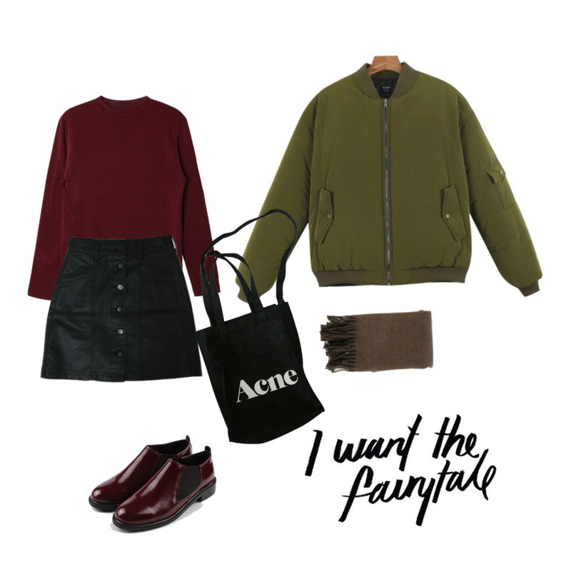 Salon de byme fake leather button sk ,DORA 슬라브하이넥T,daily monday Daily bonding jumper등을 매치한 코디