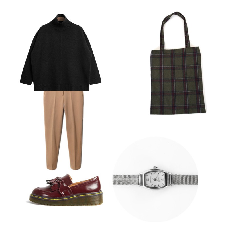 Zemma World 윈터-체크 (bag),Reine Slim-Fit Warm Color Slacks,TODAY ME [knit]베리즈 니트등을 매치한 코디
