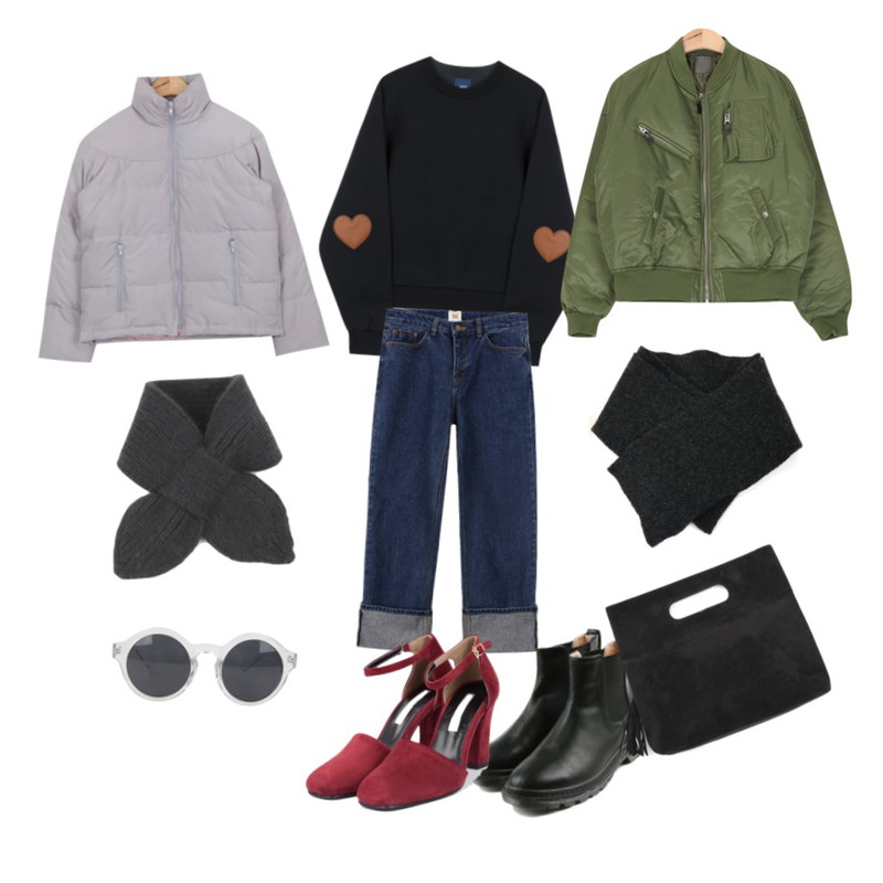 MIXXMIX MXM 15FWHeart Patch Sweat Shirt (Black),AIN duck down padding jumper (4 colors),biznshoe Straight denim pants (2color)등을 매치한 코디