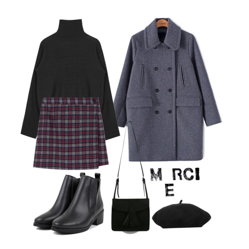 MIXXMIX 체크 패턴 스커트팬츠,AIN drop simple turtleneck knit (5 colors),Reine 브로닝 울 코트등을 매치한 코디