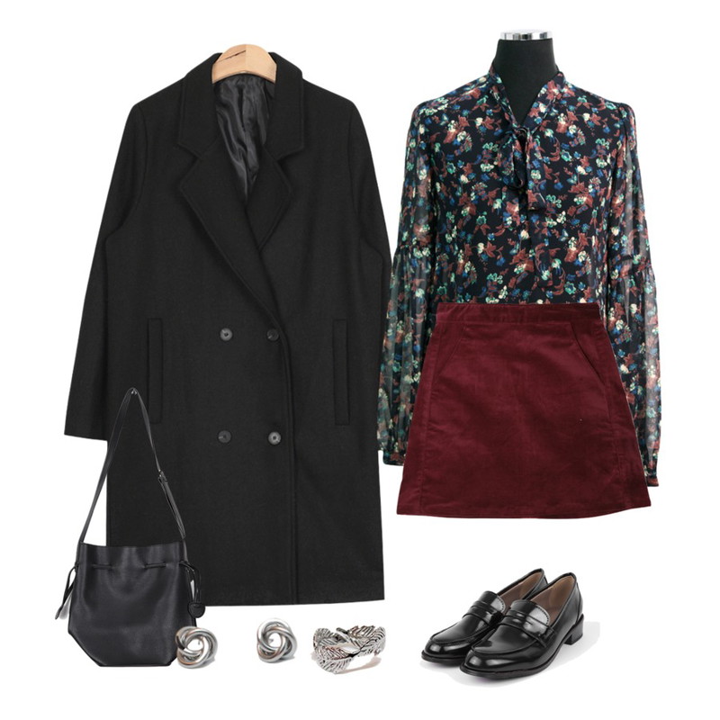 DORA 피치SK,Salon de byme (U) 플로럴 시스루 bl,AIN classic double wool coat (2 colors)등을 매치한 코디
