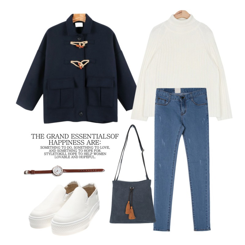 DORA 스크래치데님P,daily monday Duffle short coat소량씩입고 순차배송,AIN pastel golgi turtle-neck knit (4 colors)등을 매치한 코디