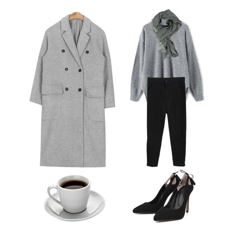 Zemma World 슬림-슬랙스 ,AIN classic double wool long coat (2 colors),Reine 마이미 브이넥 앙고라 니트등을 매치한 코디