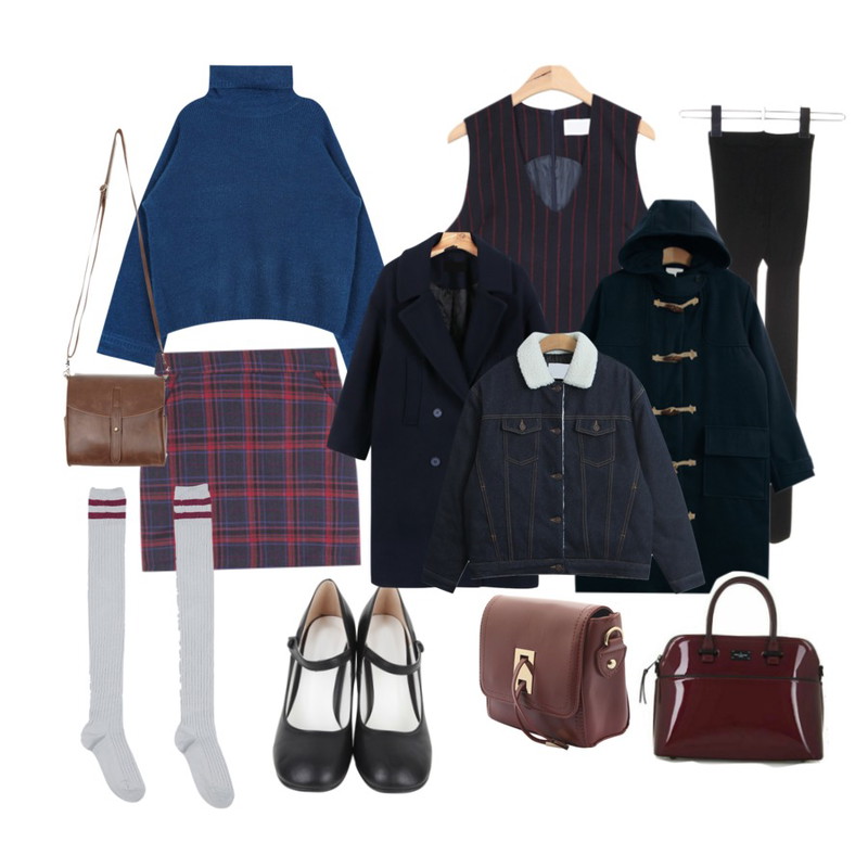 AIN alice pin-stripe pleats mini ops,MIXXMIX 린니 체크 스커트,AIN sleeve roll up boxy knit (3 colors)등을 매치한 코디