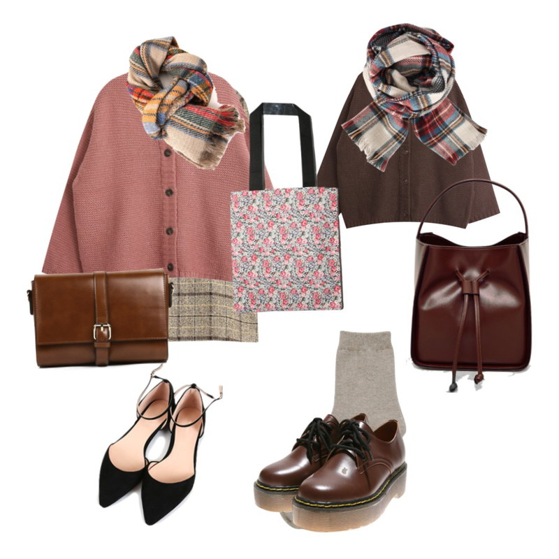 Reine 요들송 빈티지 체크 원피스,daily monday Basic deep color socks,TODAY ME [cardigan]텐더 가디건등을 매치한 코디
